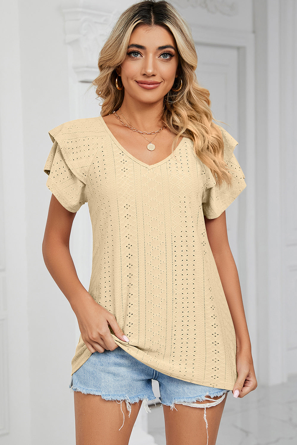 Eyelet V-Neck Short Sleeve T-Shirt-Angel Casuals
