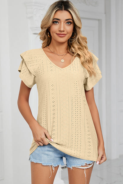 Eyelet V-Neck Short Sleeve T-Shirt-Angel Casuals