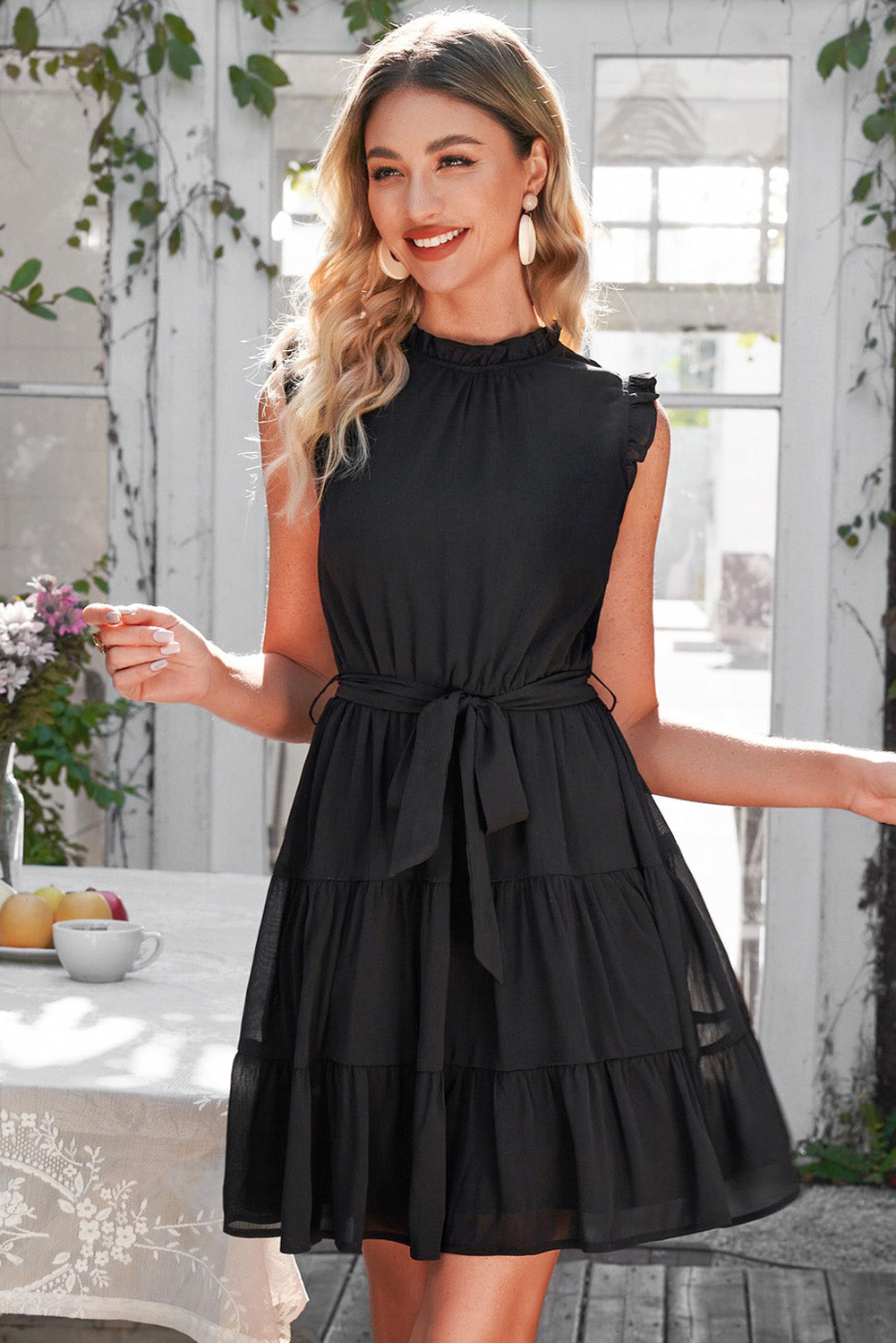 Ruffle Collar Tie Belt Tiered Dress-Angel Casuals