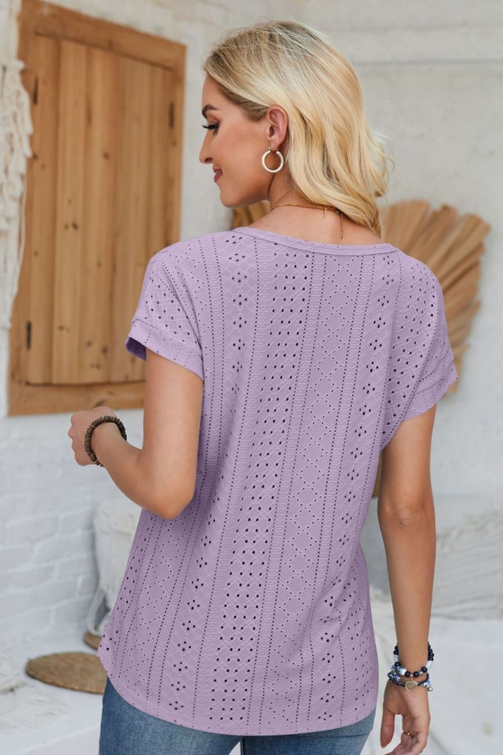 Eyelet Round Neck Rolled Short Sleeve T-Shirt-Angel Casuals