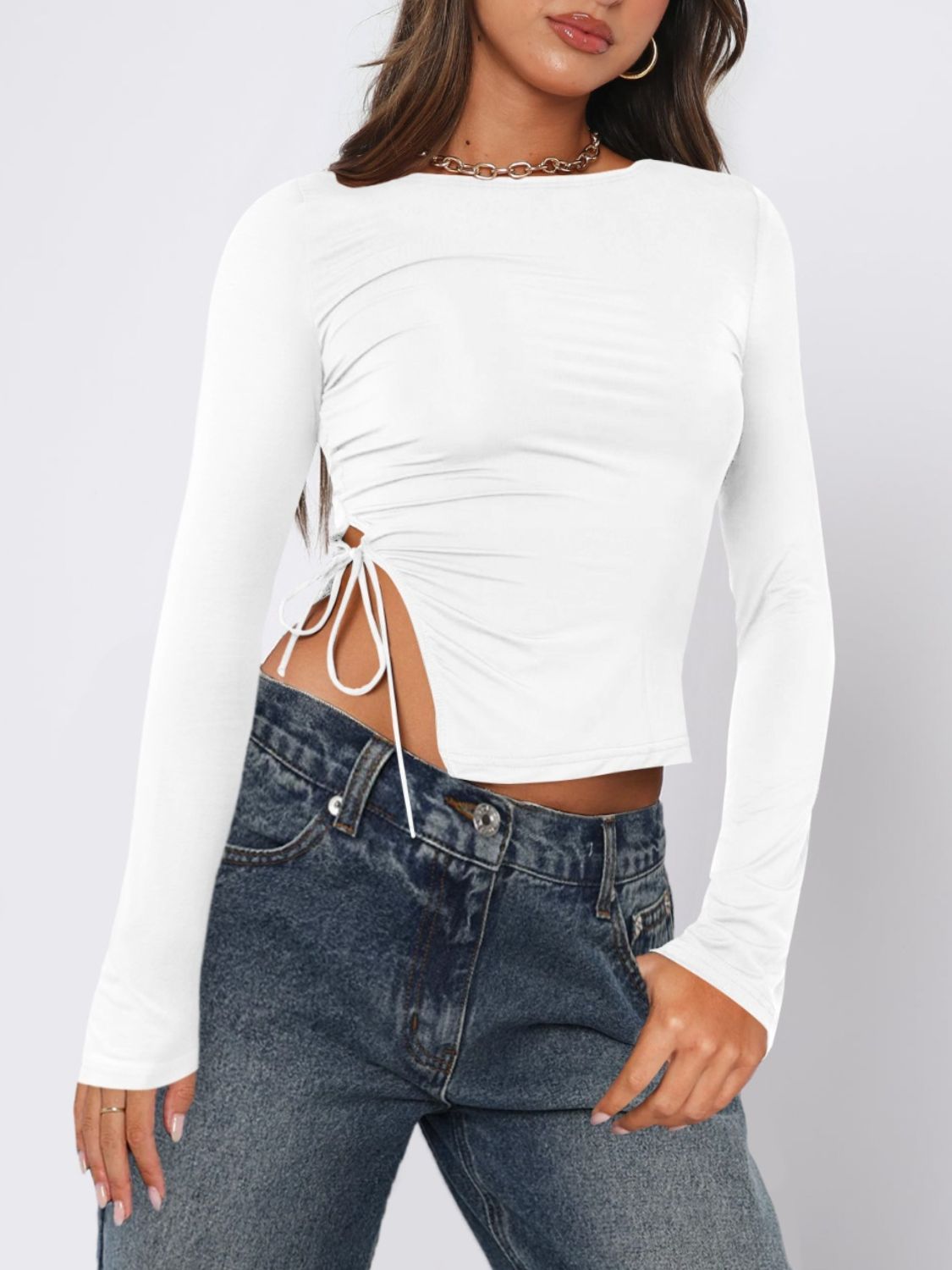 Tied Slit Round Neck Long Sleeve T-Shirt-Angel Casuals