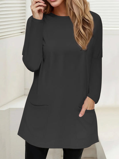 Full Size Pocketed Round Neck Long Sleeve T-Shirt-Angel Casuals