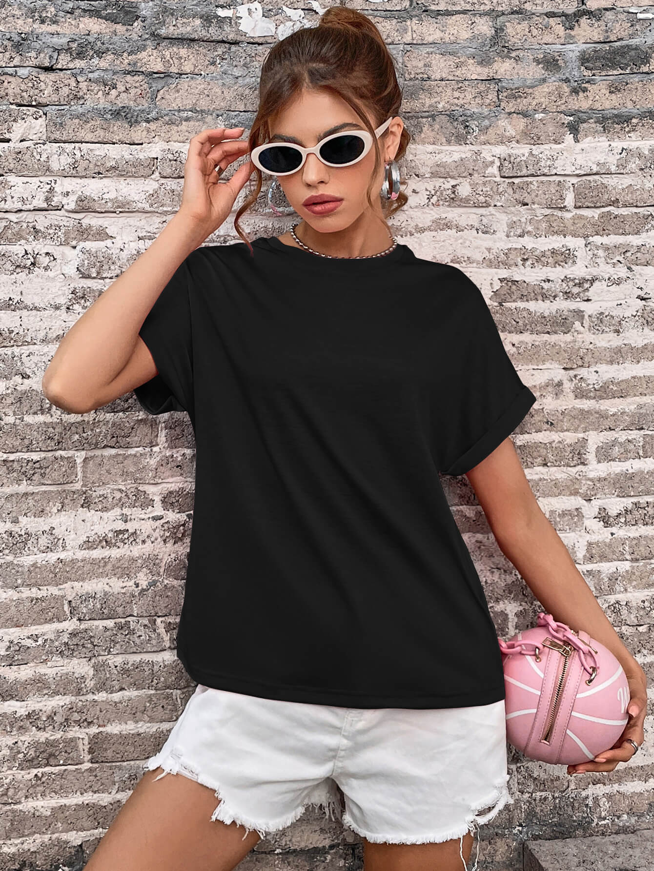 Round Neck Cuffed Sleeve T-Shirt-Angel Casuals