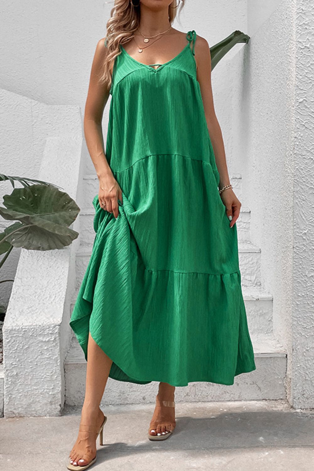 Tie-Shoulder Tiered Maxi Dress-Angel Casuals