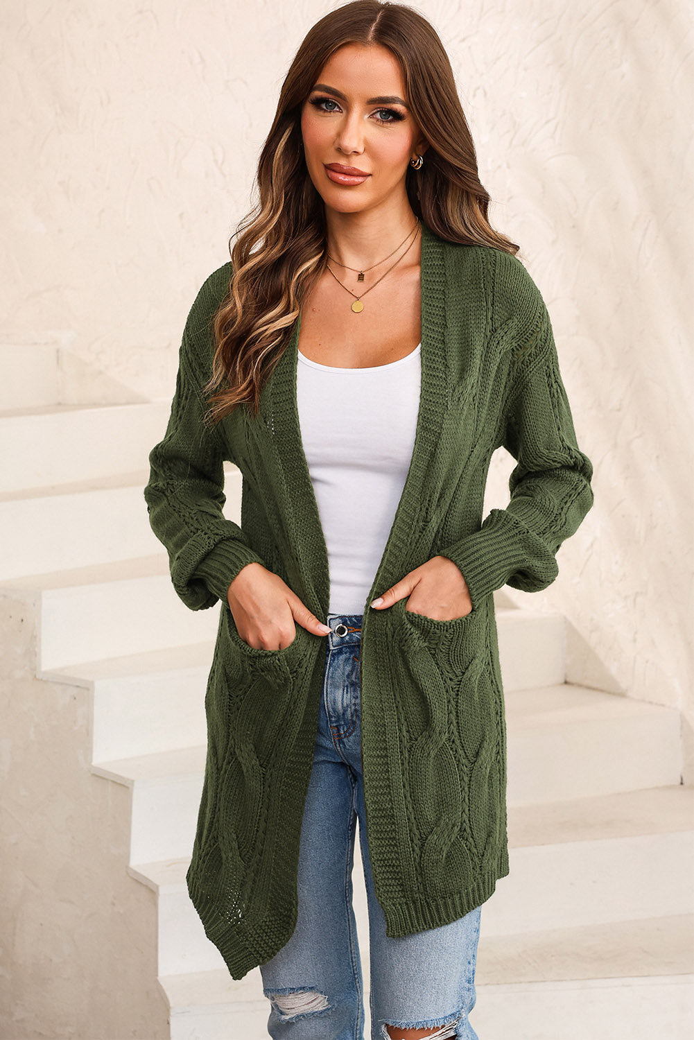 Cable-Knit Dropped Shoulder Slit Cardigan-Angel Casuals