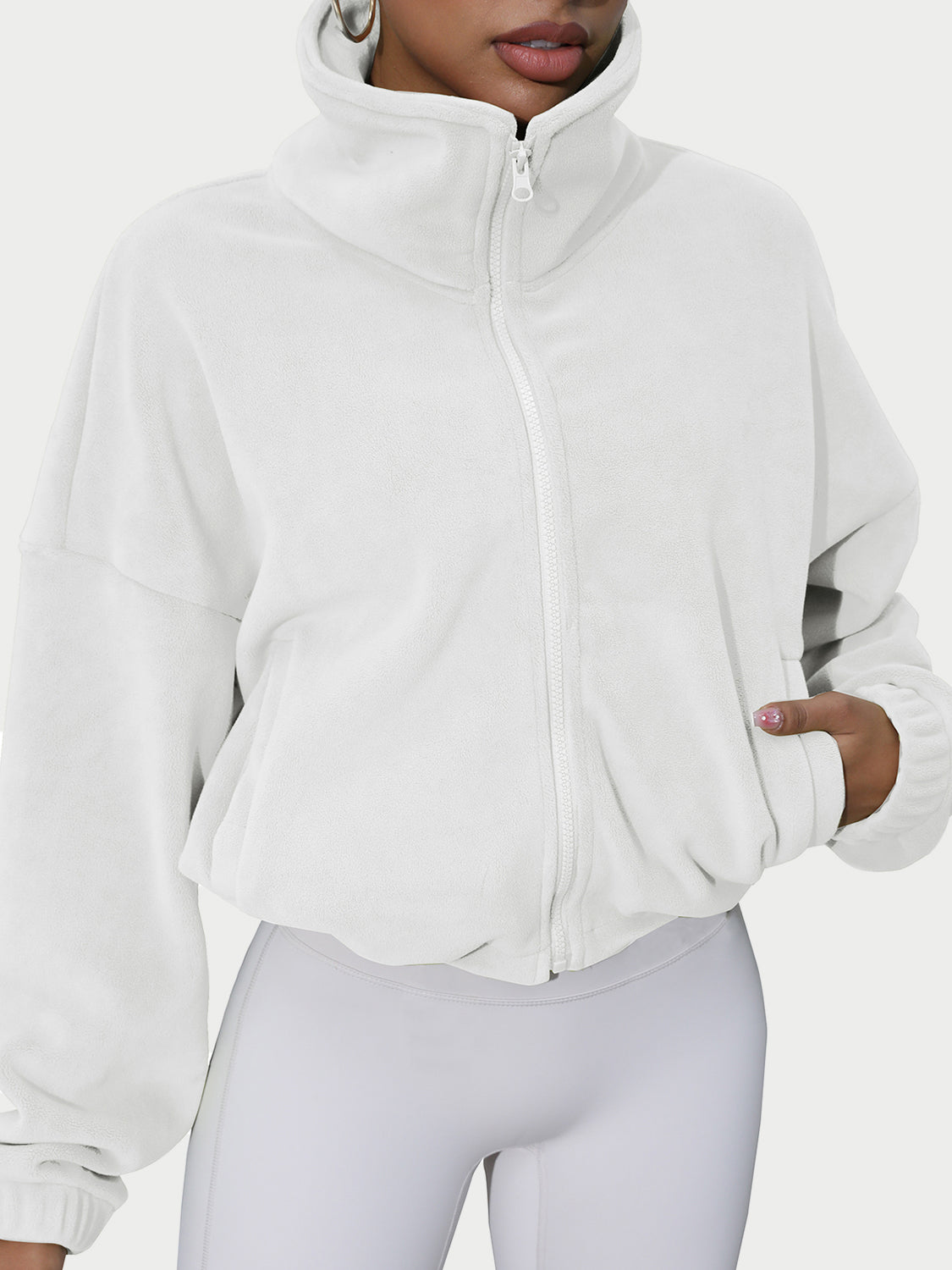 Drawstring Turtleneck Zip Up Long Sleeve Jacket-Angel Casuals