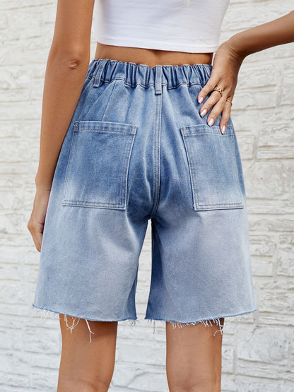 Buttoned Raw Hem Denim Shorts with Pockets-Angel Casuals