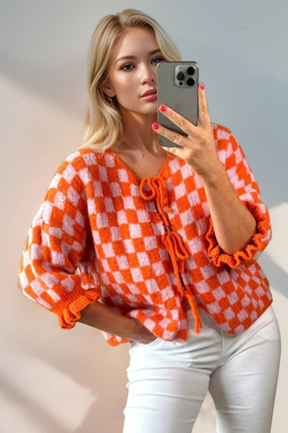 Double Take Tied Checkered Dropped Shoulder Flounce Sleeve Cardigan-Angel Casuals