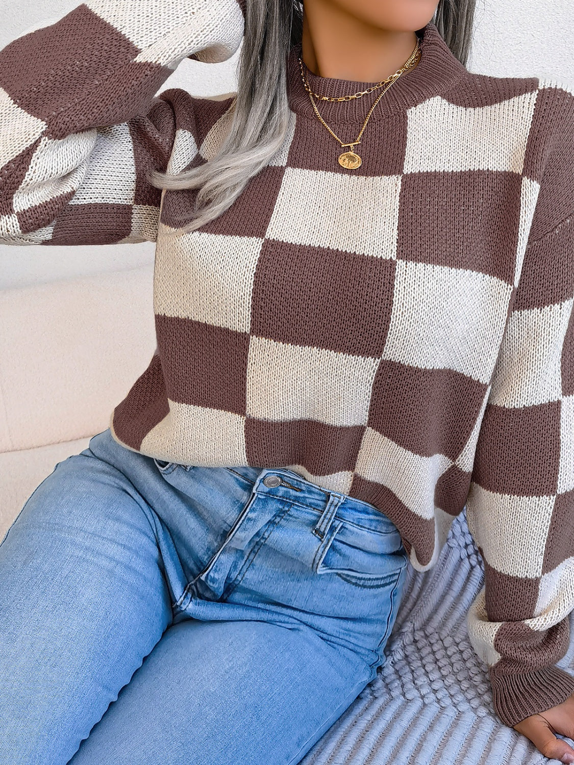 Checkered Mock Neck Long Sleeve Sweater-Angel Casuals