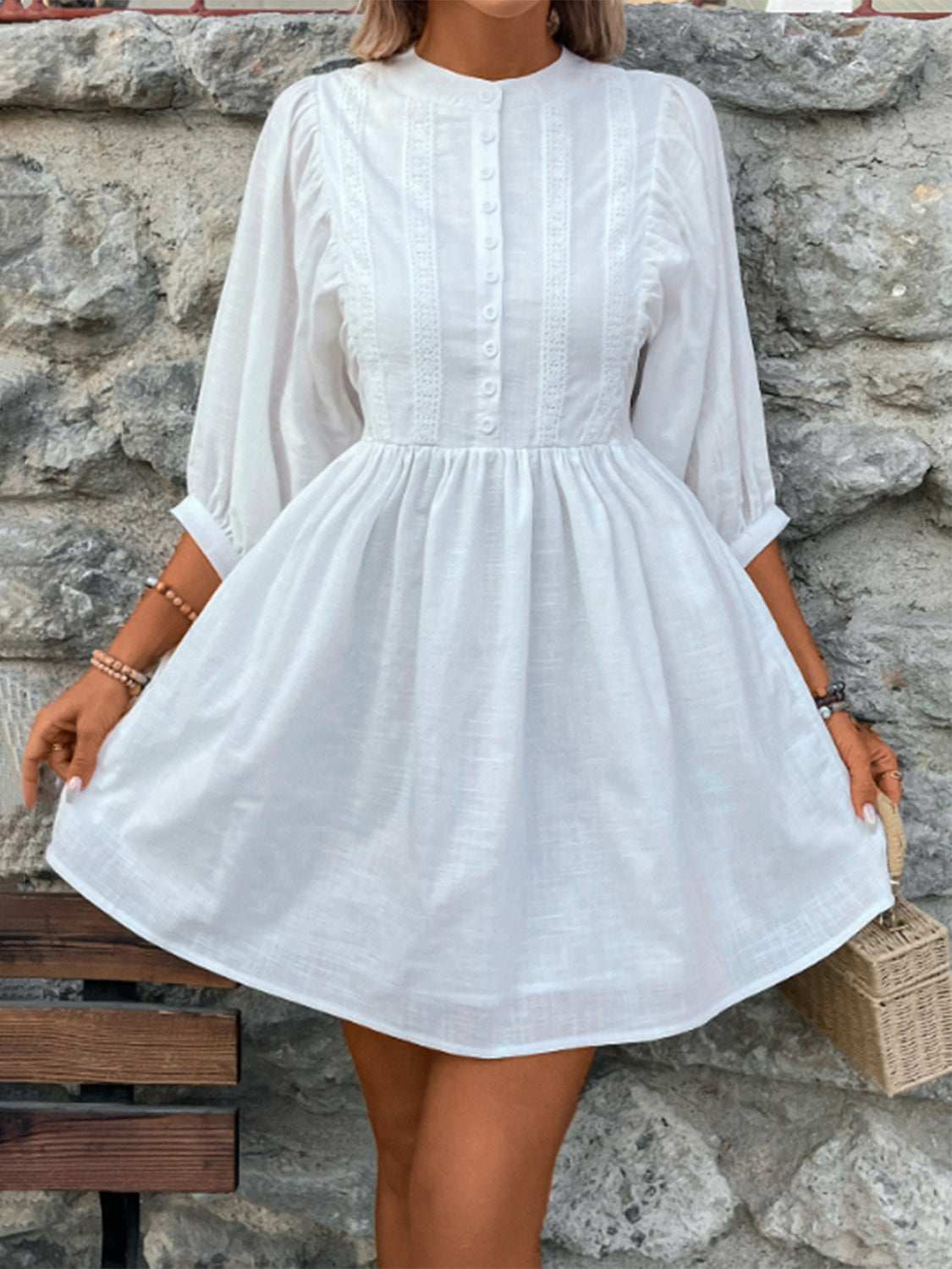 Lace Detail Half Button Three-Quarter Sleeve Dress-Angel Casuals