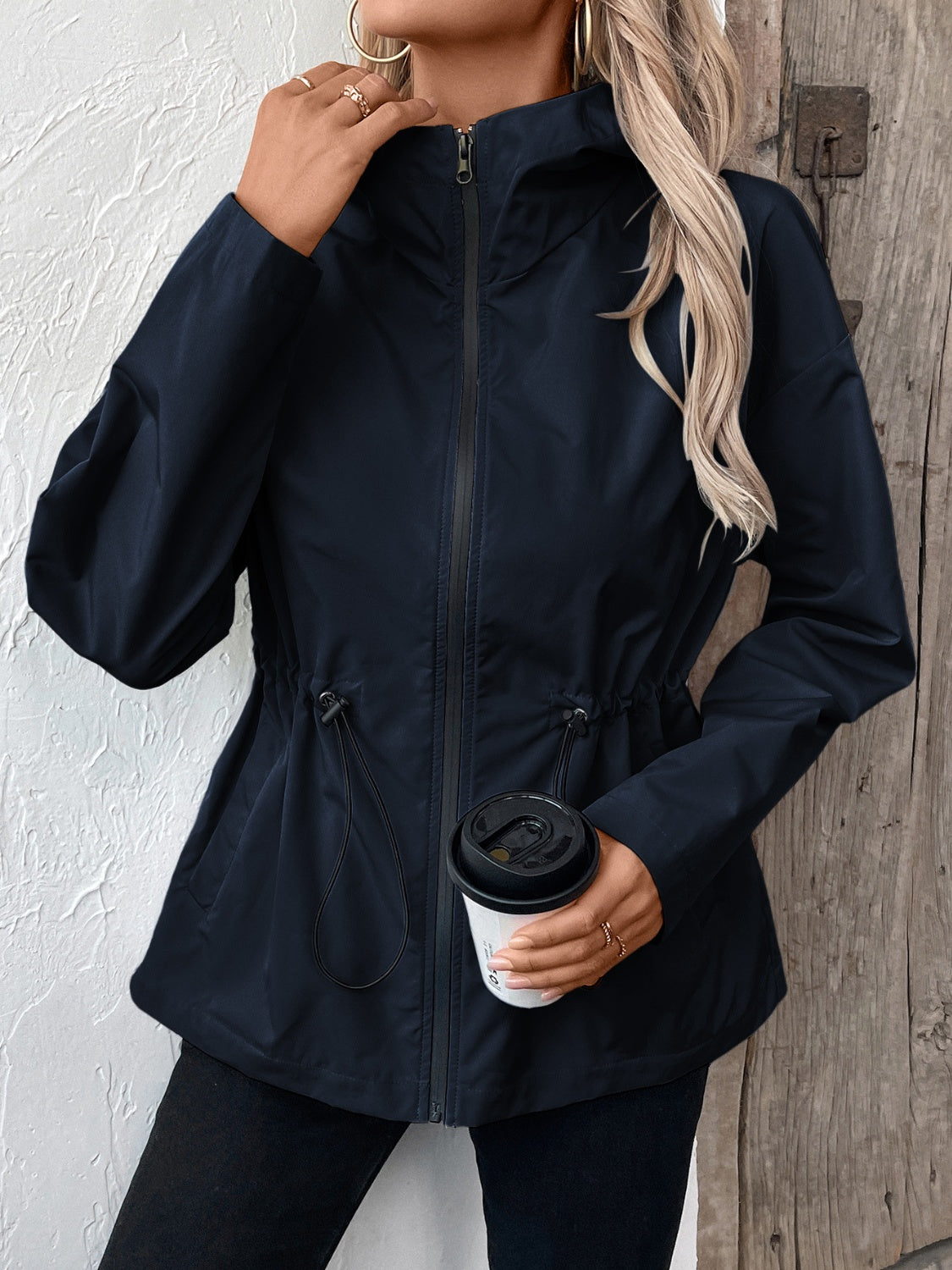 Ivy Lane Drawstring Zip Up Hooded Jacket-Angel Casuals