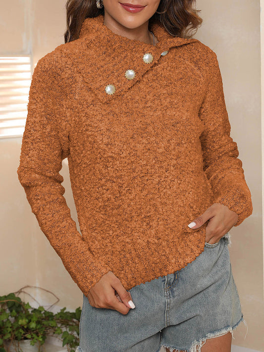 Asymmetric Collared Neck Long Sleeve Sweater-Angel Casuals