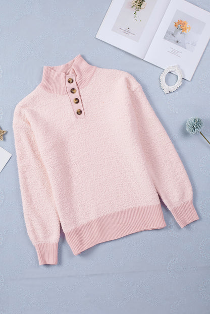 Button Detail Mock Neck Long Sleeve Sweater-Angel Casuals