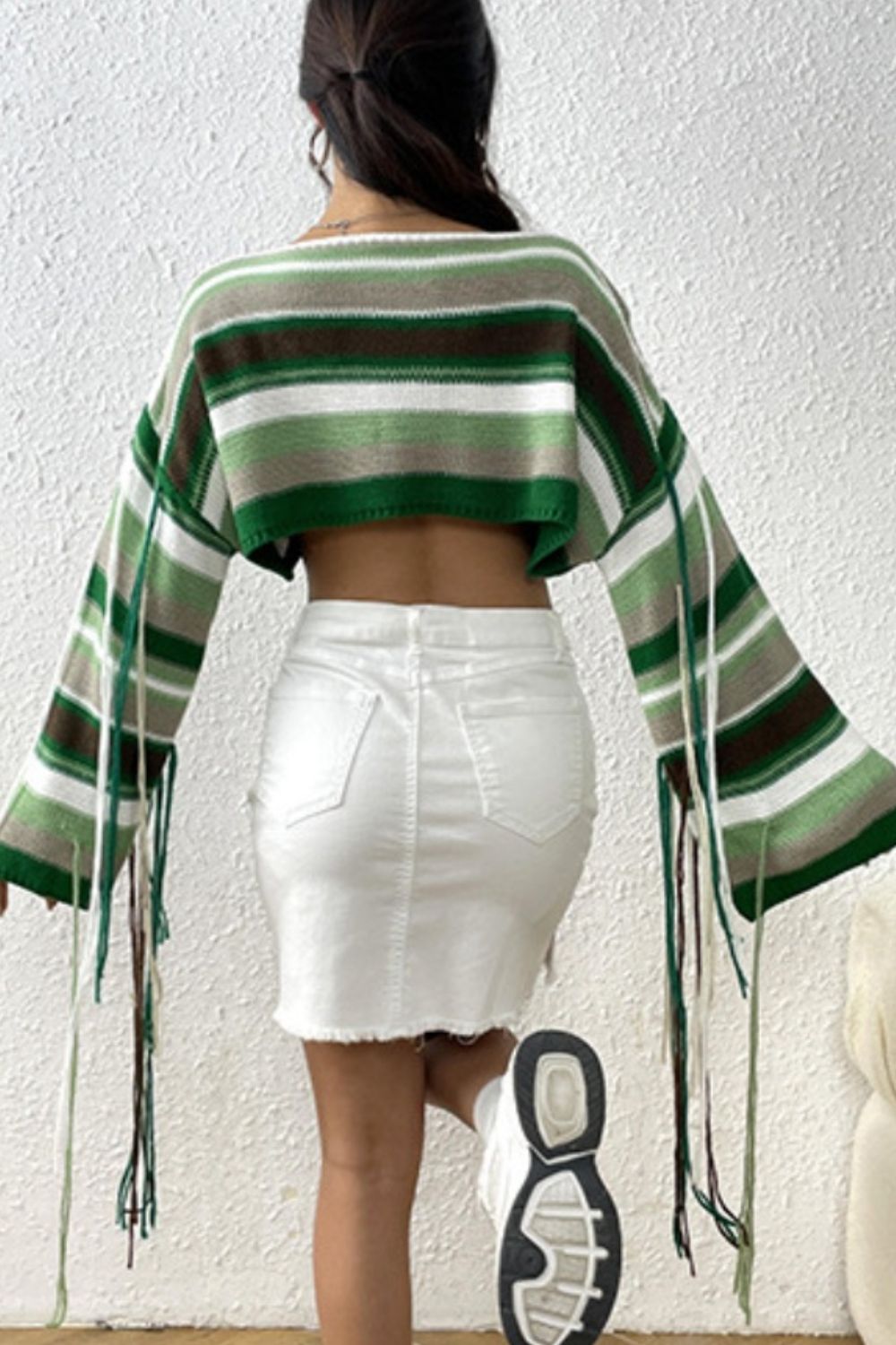 Fringe Striped Round Neck Knit Top-Angel Casuals