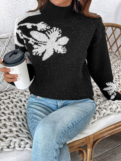 Perfee Flower Mock Neck Long Sleeve Sweater-Angel Casuals