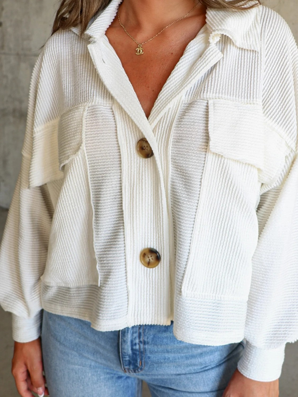 Ribbed Collared Neck Button Up Jacket-Angel Casuals