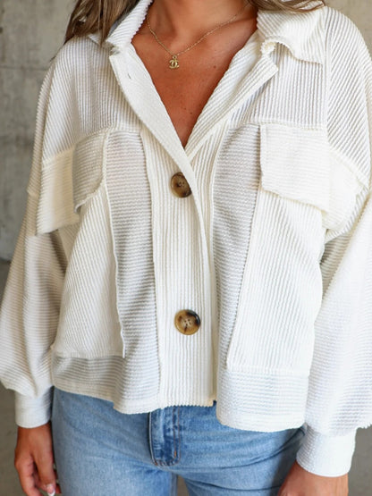 Ribbed Collared Neck Button Up Jacket-Angel Casuals