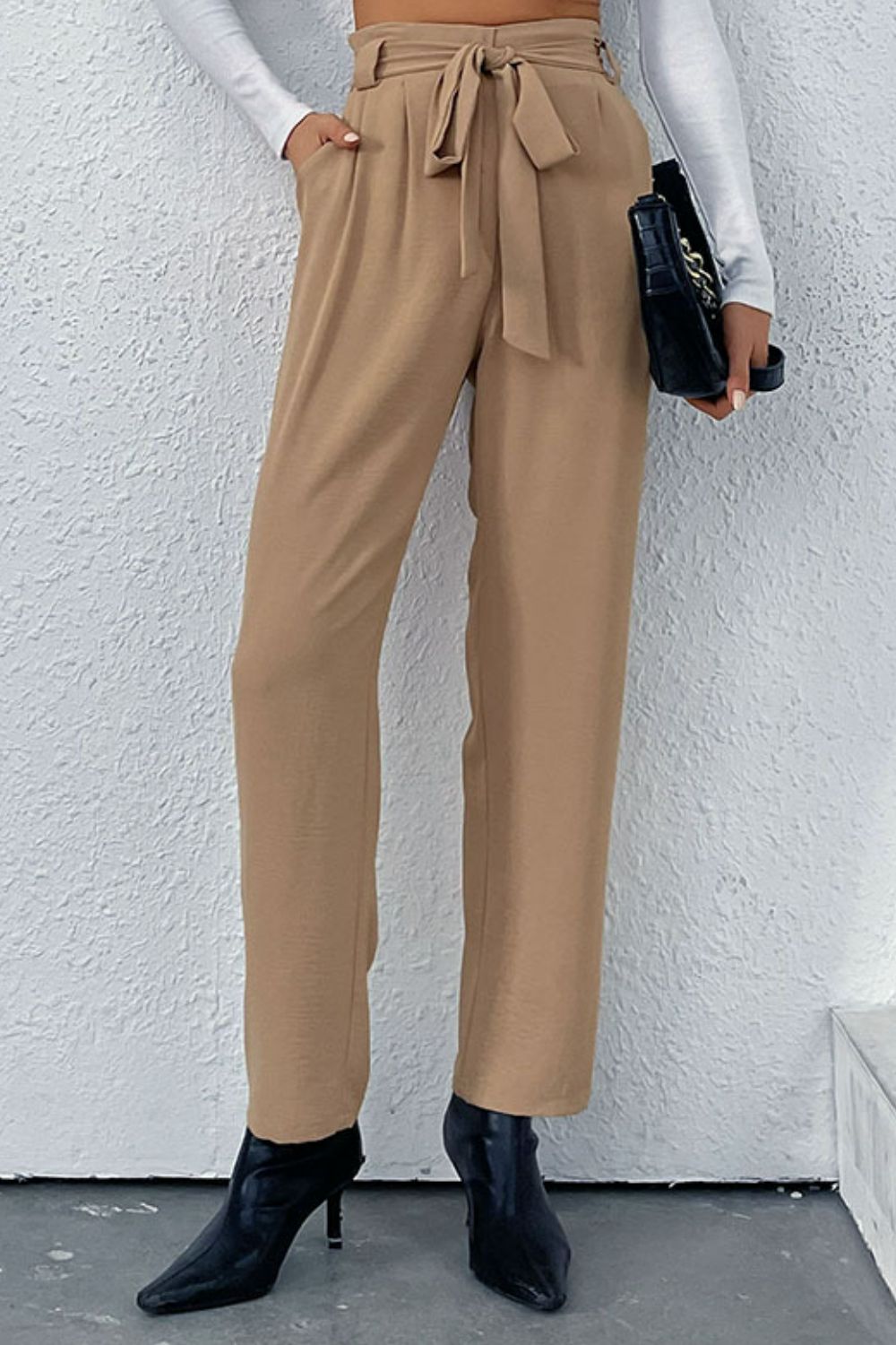 Belted Straight Leg Pants with Pockets-Angel Casuals