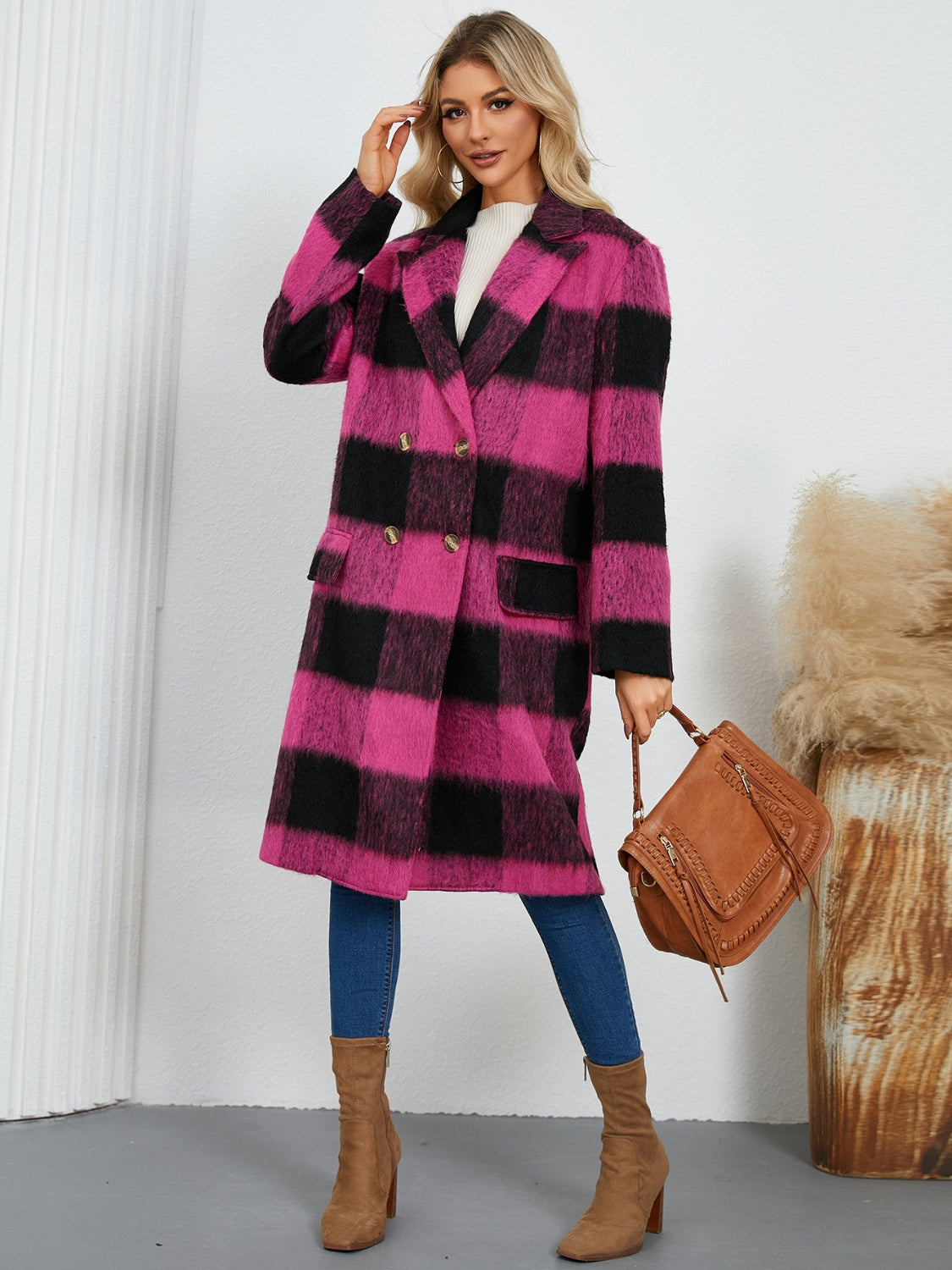Plaid Double-Breasted Long Sleeve Coat-Angel Casuals