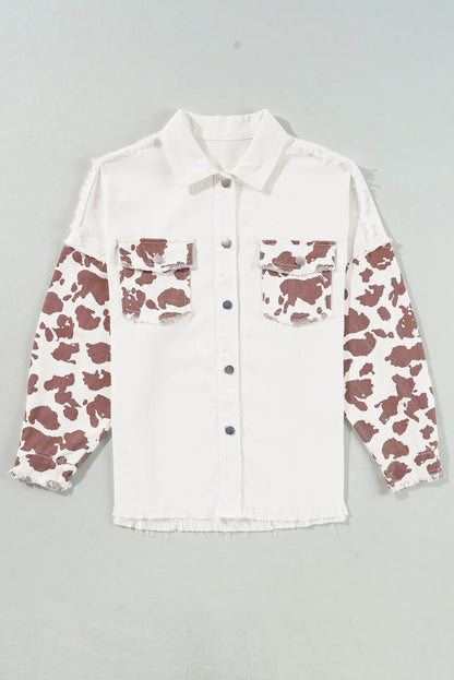 Raw Hem Animal Print Long Sleeve Denim Jacket-Angel Casuals