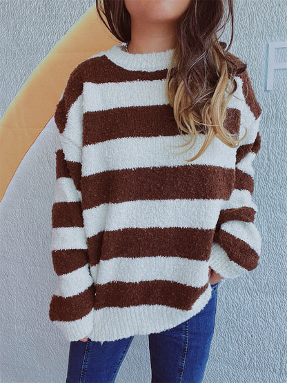 Striped Round Neck Long Sleeve Sweater-Angel Casuals