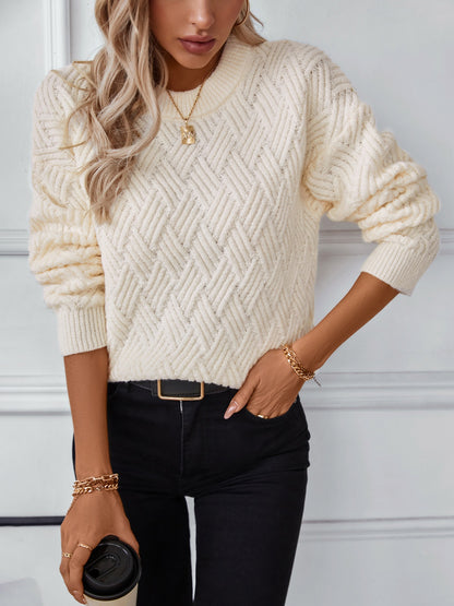 Round Neck Long Sleeve Woven Sweater-Angel Casuals