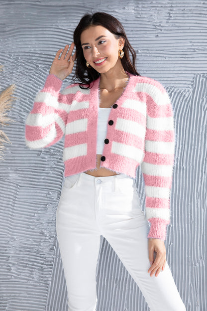 Striped Button Up Cropped Cardigan-Angel Casuals