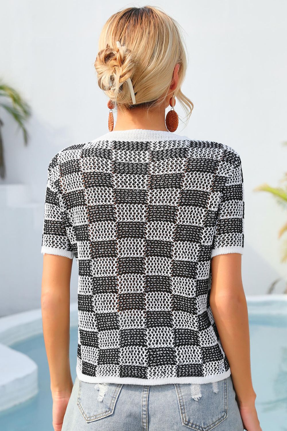 Angel Wings Checkered Short Sleeve Knit Top-Angel Casuals