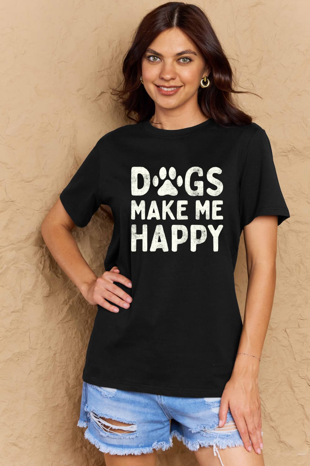 Simply Love Full Size DOGS MAKE ME HAPPY Graphic Cotton T-Shirt-Angel Casuals