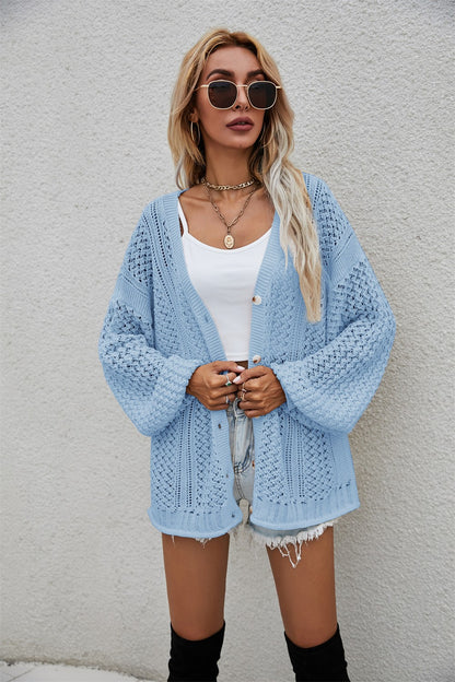 Openwork V-Neck Button Up Cardigan-Angel Casuals