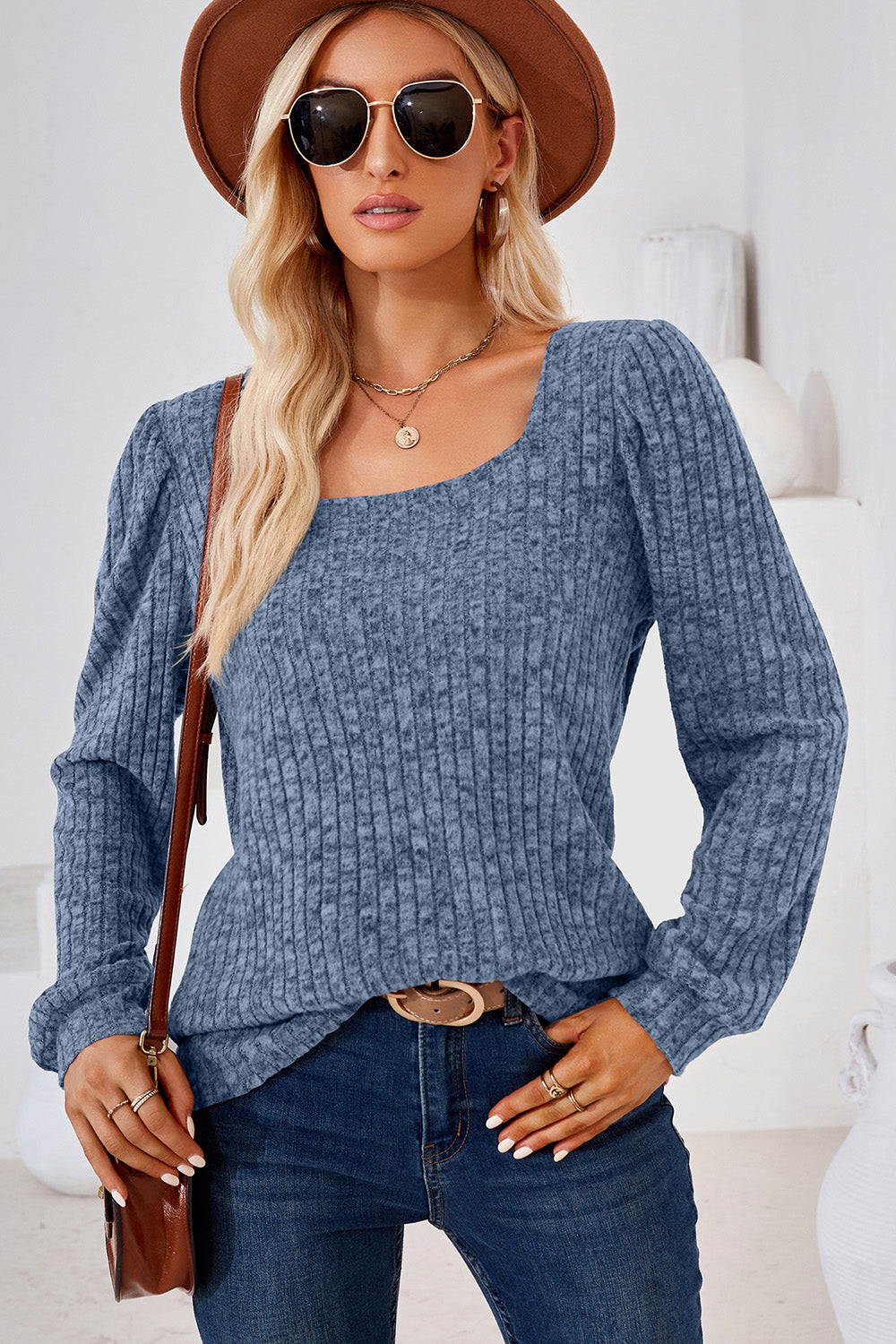 Ribbed Square Neck Long Sleeve T-Shirt-Angel Casuals