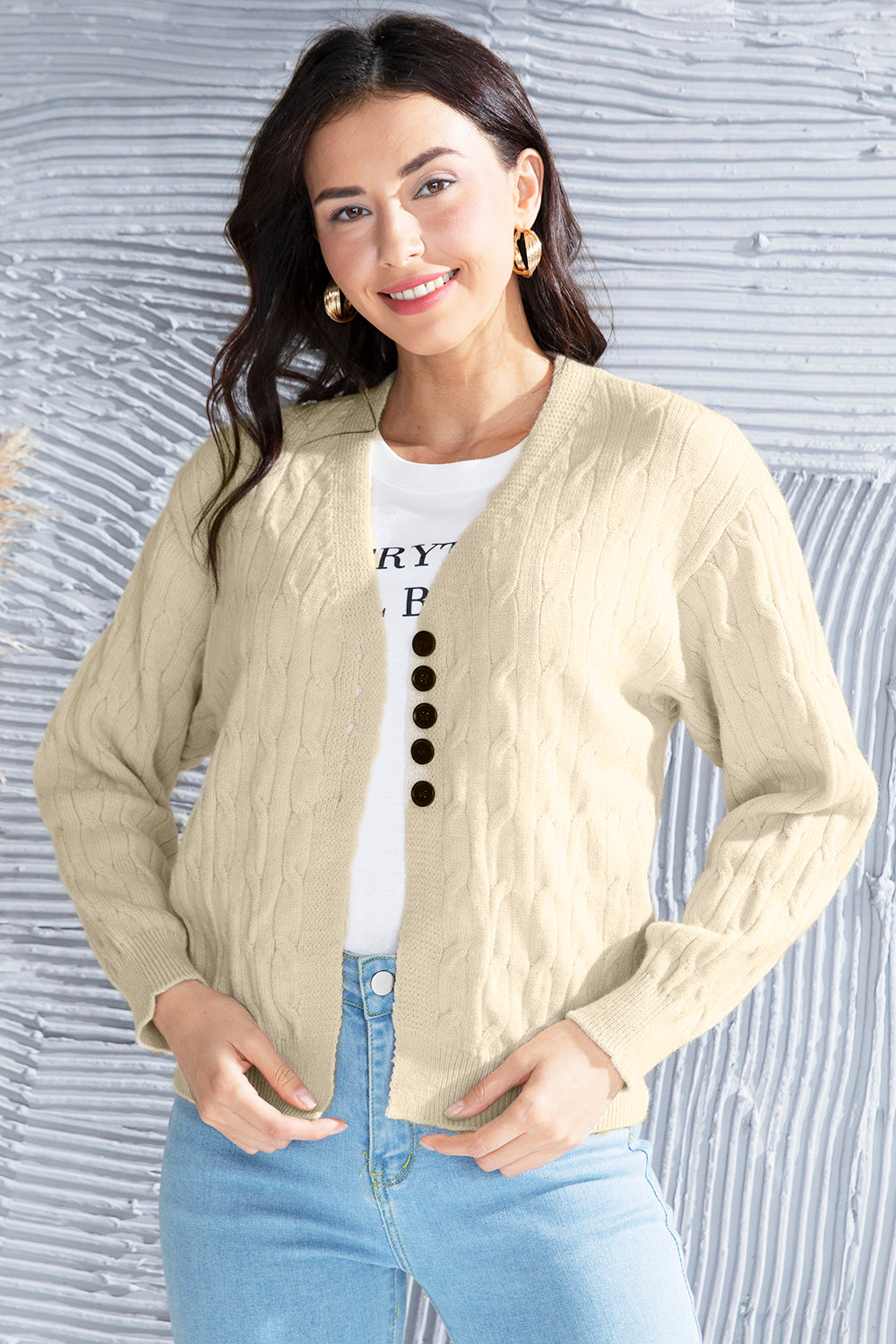Cable-Knit Button Up Dropped Shoulder Cardigan-Angel Casuals
