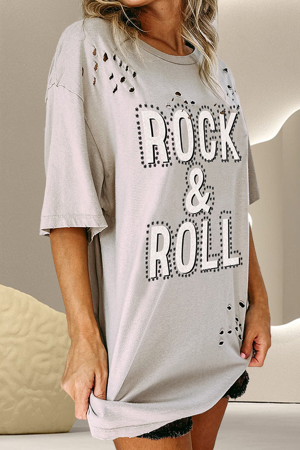 ROCK & ROLL Round Neck Dropped Shoulder T-Shirt-Angel Casuals