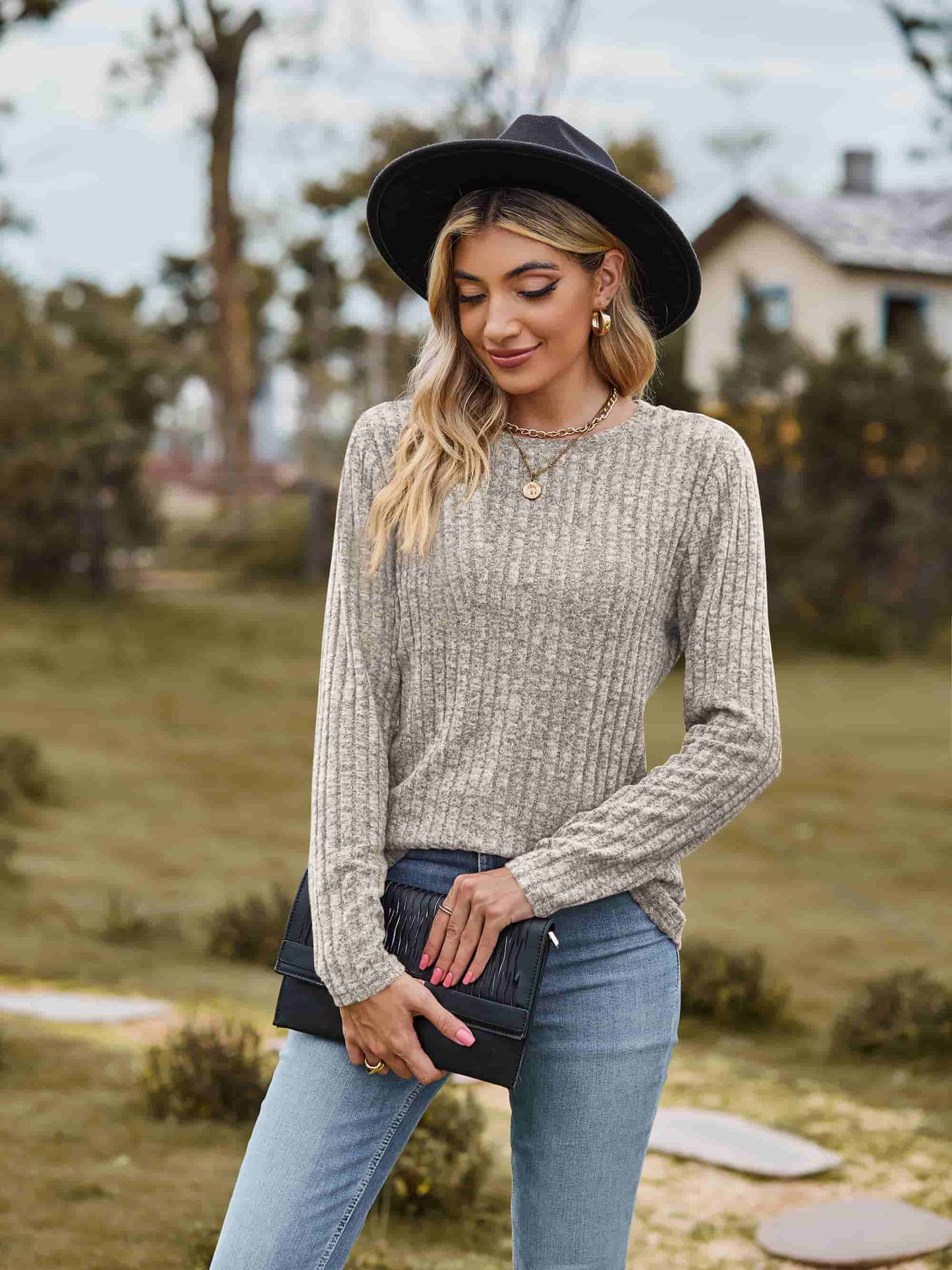 Ribbed Round Neck Long Sleeve Tee-Angel Casuals