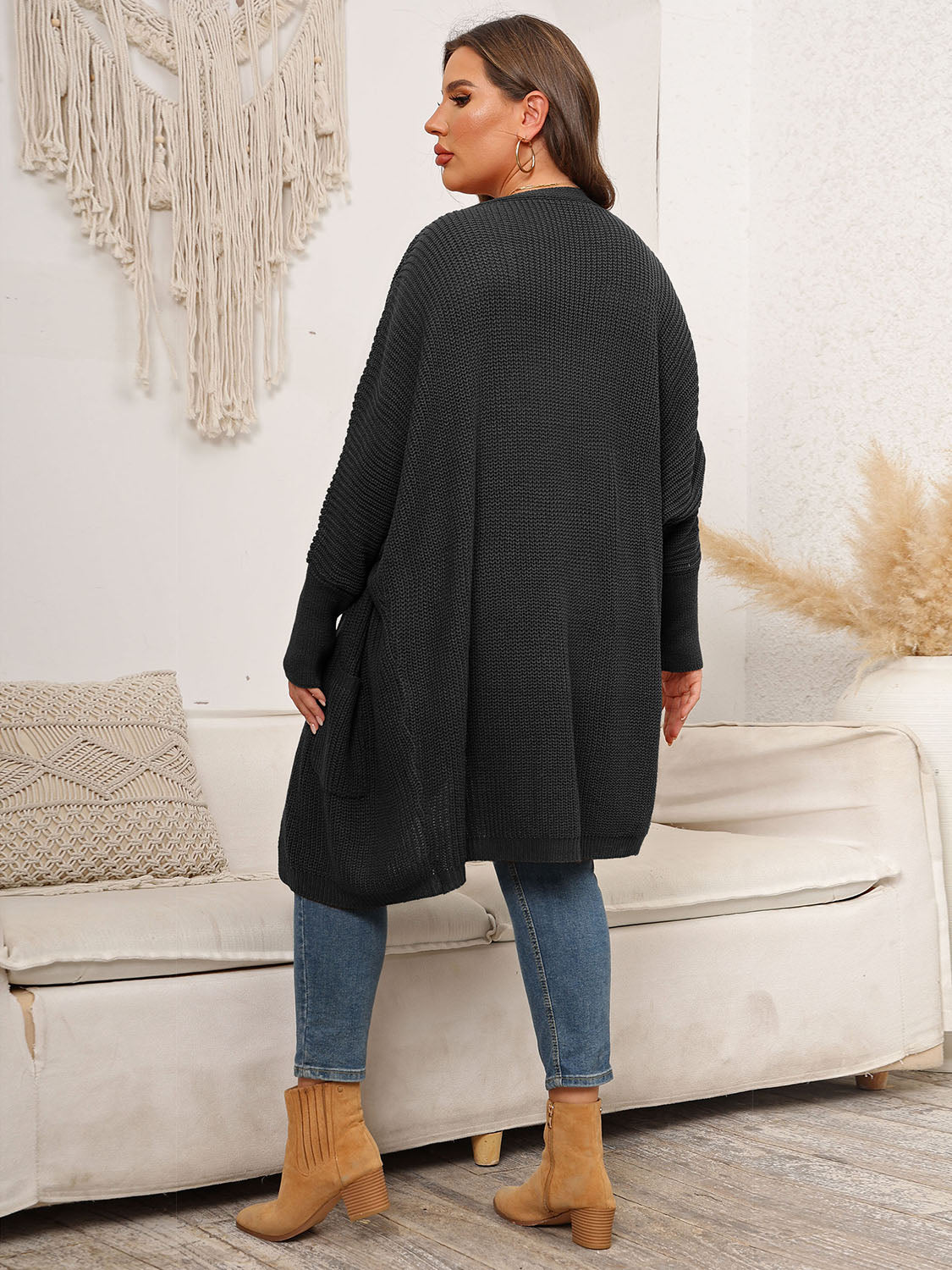 Plus Size Open Front Cardigan With Pockets-Angel Casuals