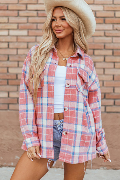 Plaid Button Up Long Sleeve Shacket-Angel Casuals
