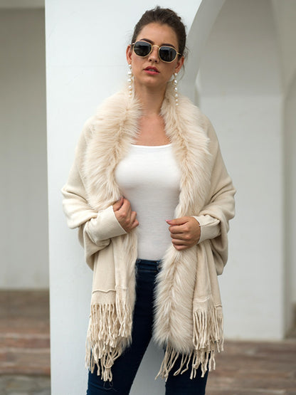 Fringe Open Front Long Sleeve Poncho-Angel Casuals