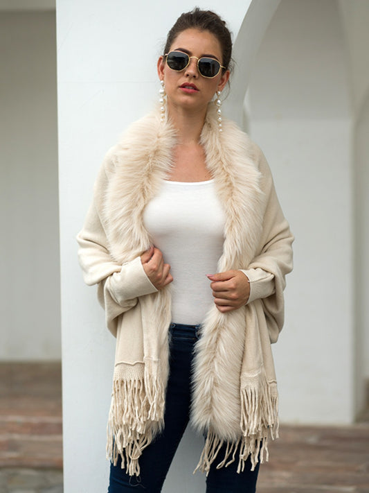 Fringe Open Front Long Sleeve Poncho-Angel Casuals