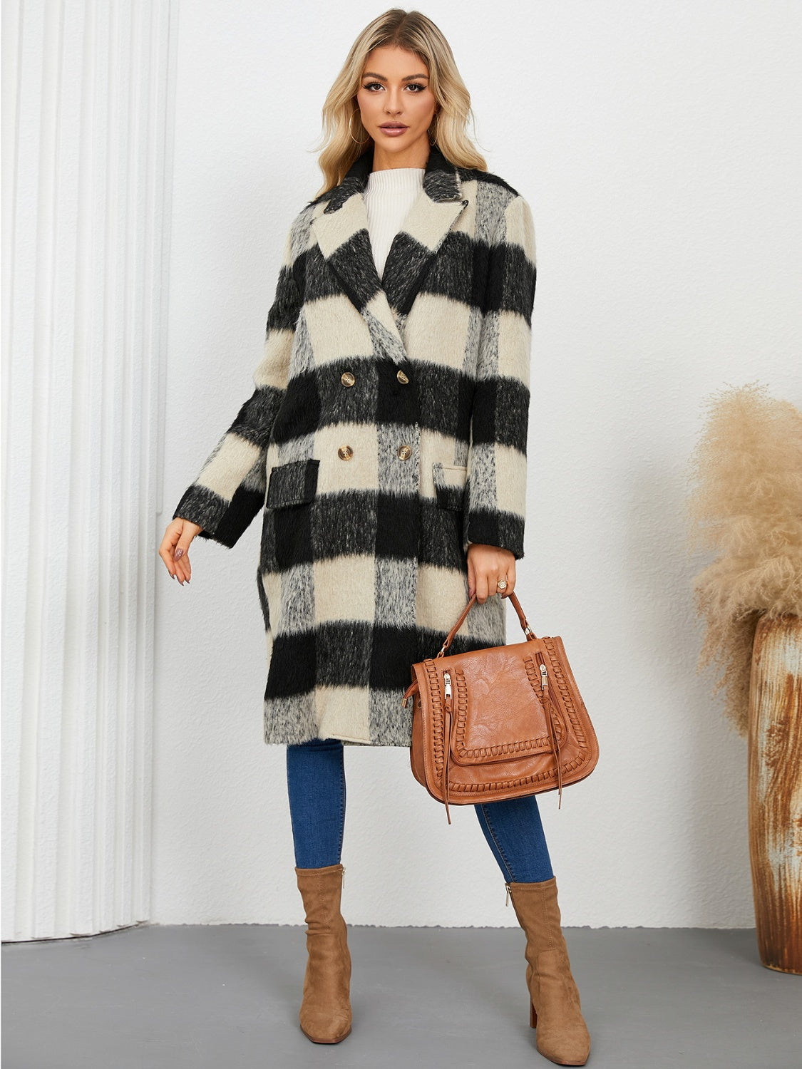 Plaid Double-Breasted Long Sleeve Coat-Angel Casuals