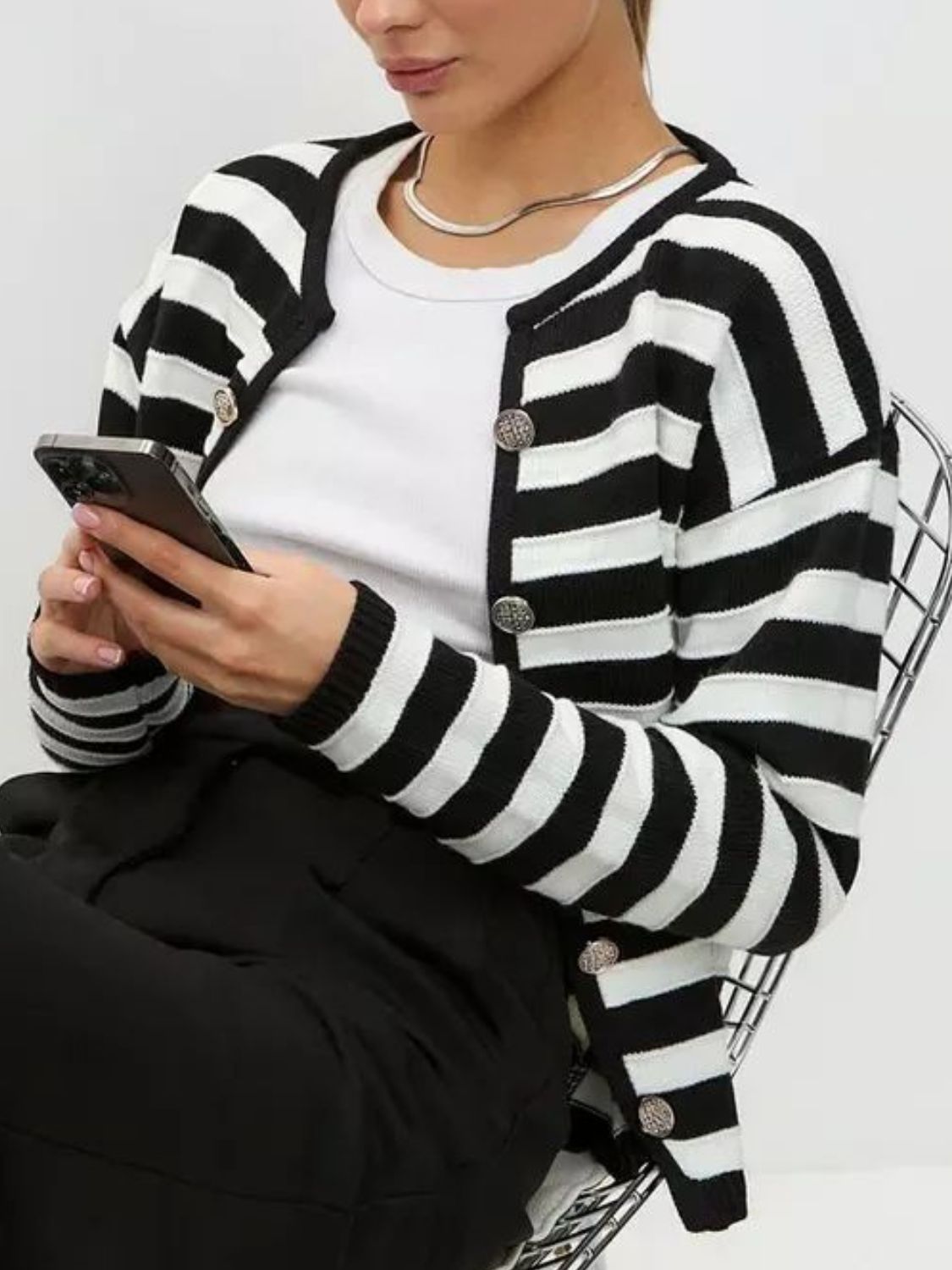 Striped Dropped Shoulder Long Sleeve Cardigan-Angel Casuals