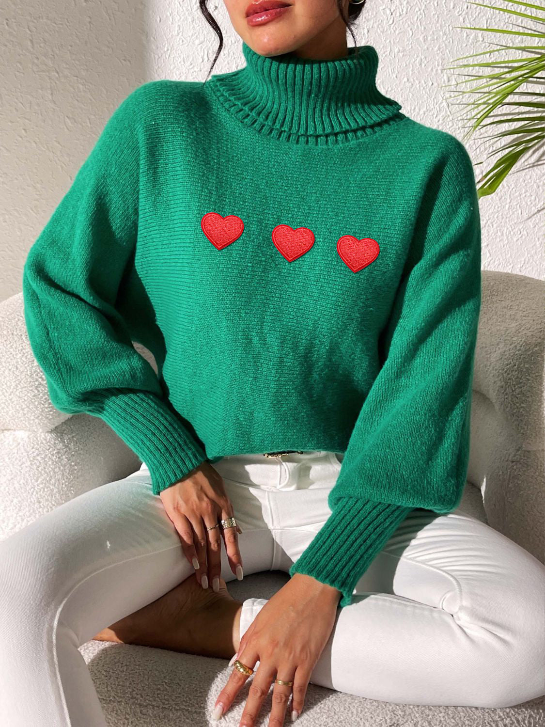 Heart Turtleneck Long Sleeve Sweater-Angel Casuals