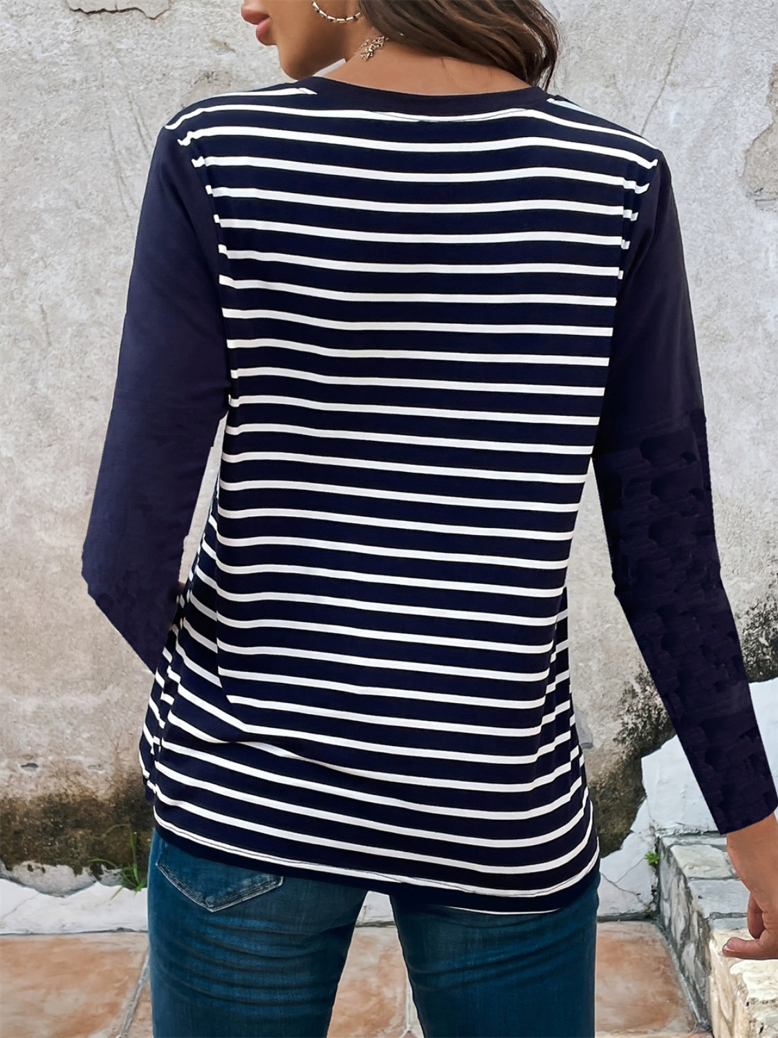 Decorative Button Striped Round Neck Long Sleeve T-Shirt-Angel Casuals