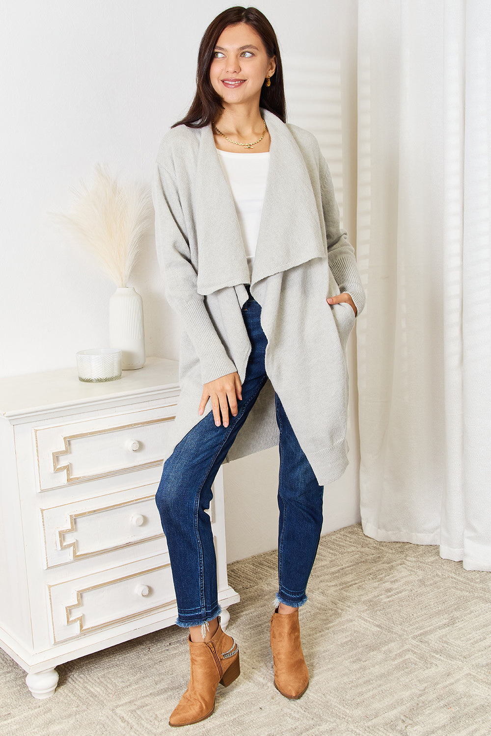 Open Front Duster Cardigan with Pockets-Angel Casuals