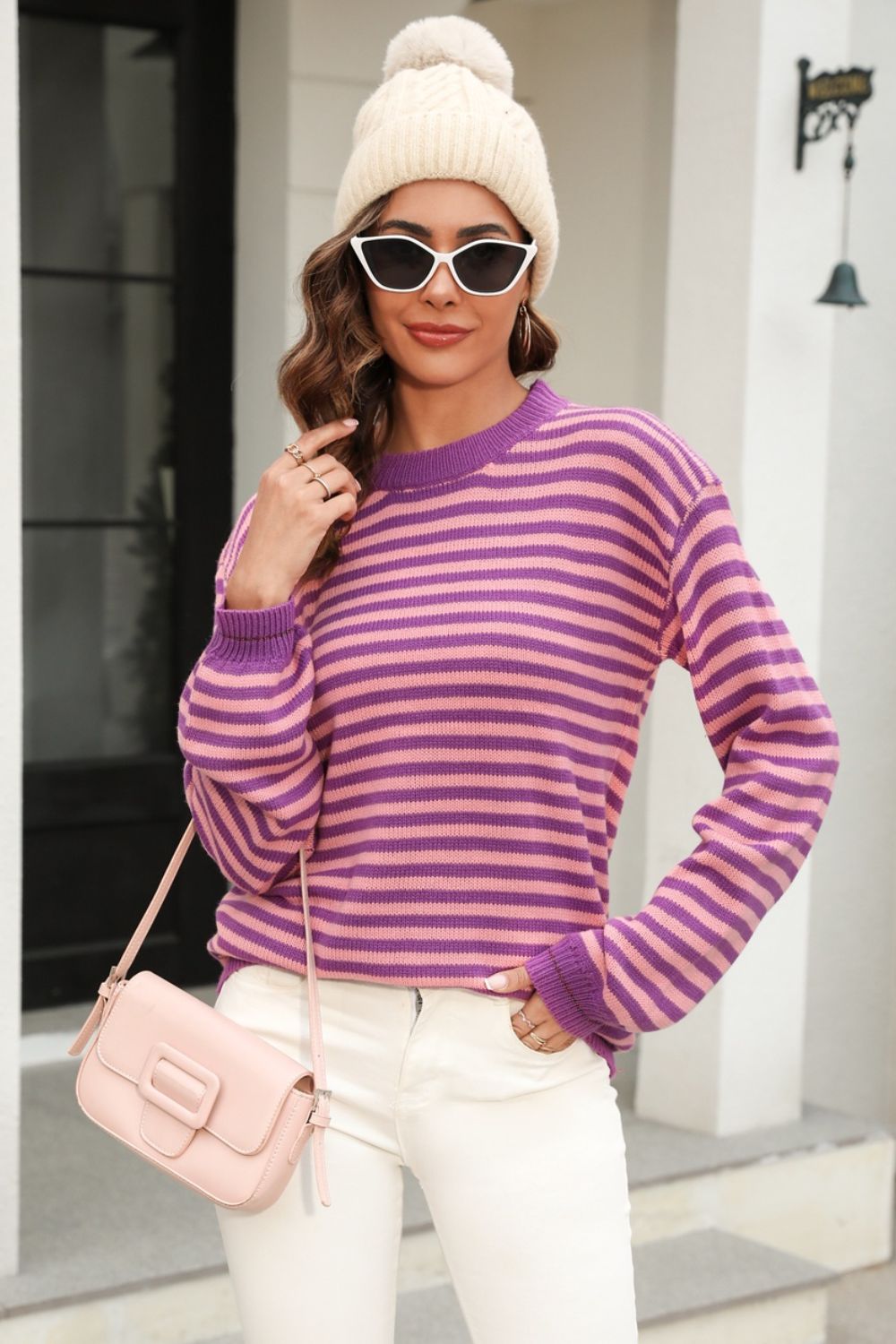 Angel Wings Striped Round Neck Dropped Shoulder Sweater-Angel Casuals