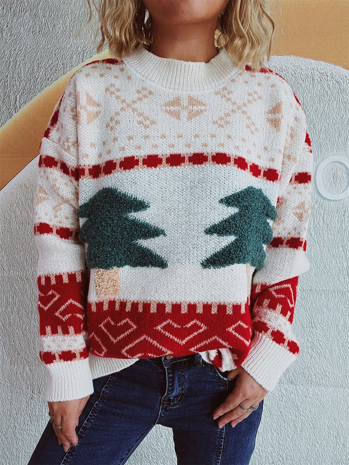 Christmas Tree Mock Neck Long Sleeve Sweater-Angel Casuals