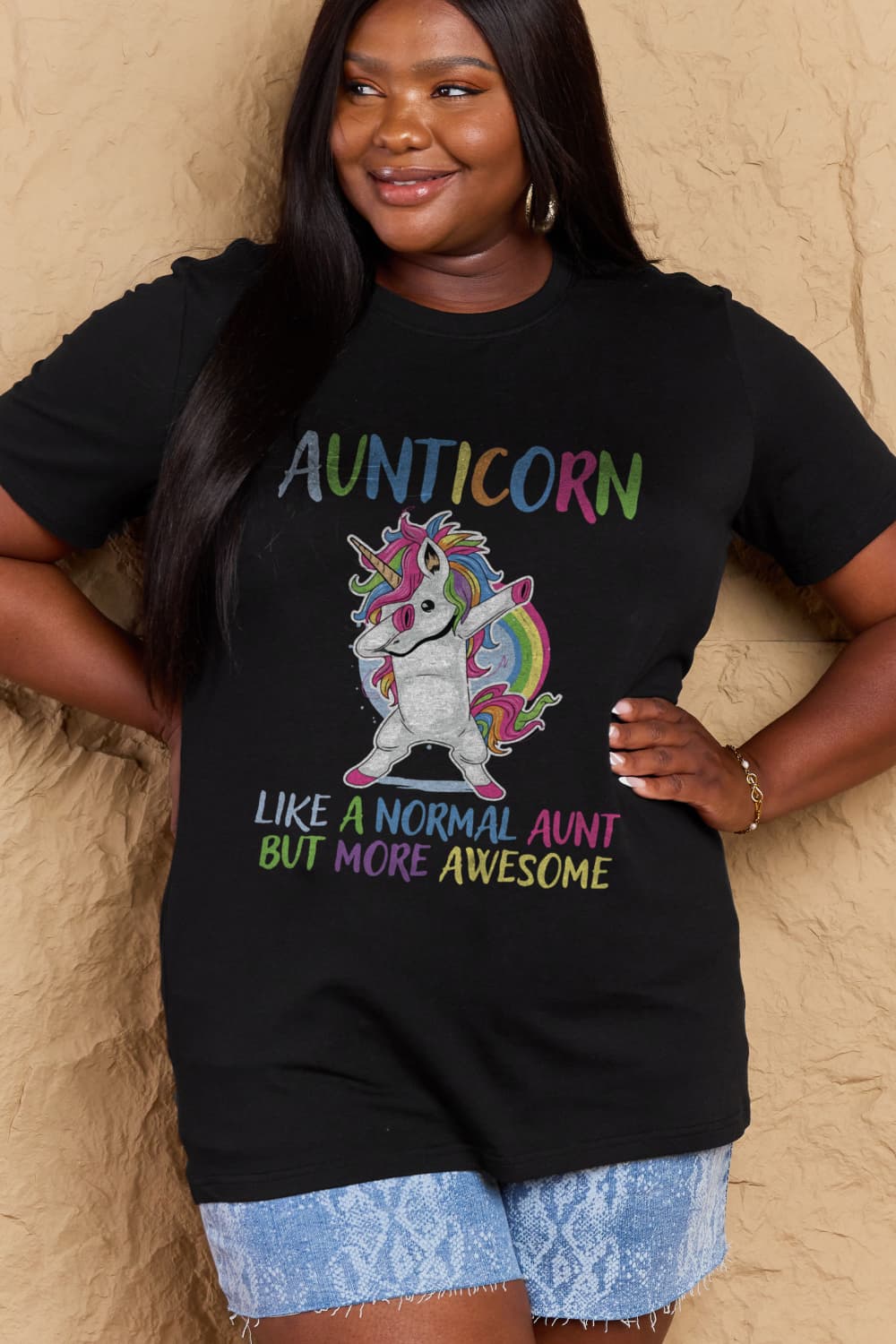 Simply Love Full Size AUNTICORN LIKE A NORMAL AUNT BUT MORE AWESOME Graphic Cotton Tee-Angel Casuals