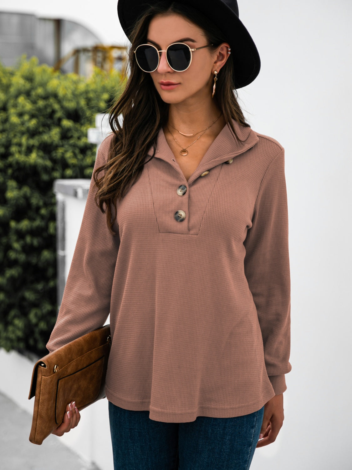 Half Button Long Sleeve T-Shirt-Angel Casuals