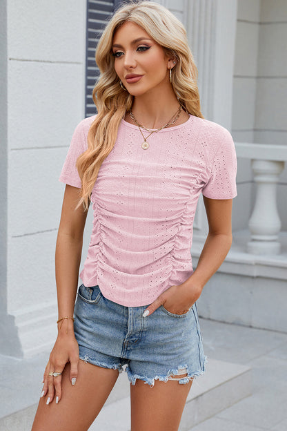 Eyelet Ruched Round Neck Short Sleeve T-Shirt-Angel Casuals