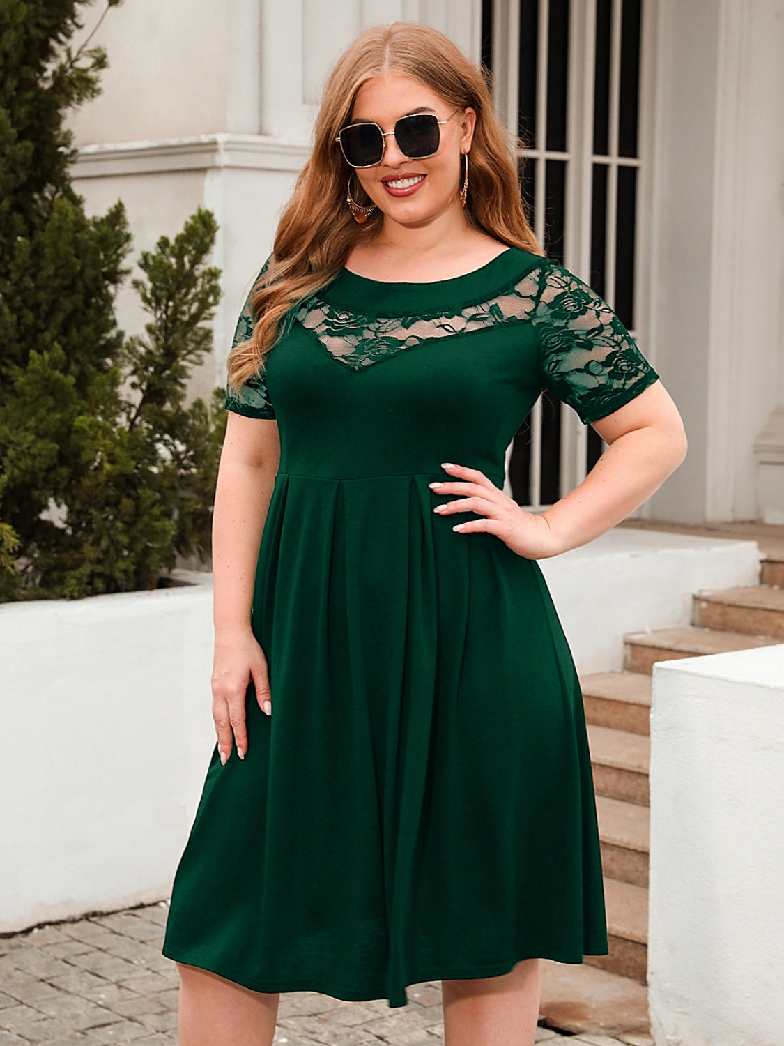 Plus Size Ruched Round Neck Short Sleeve Dress-Angel Casuals