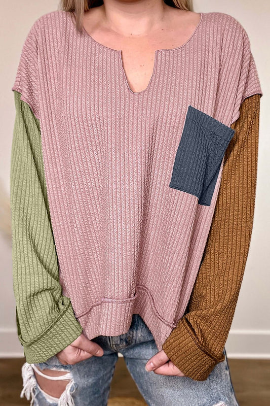 Color Block Textured Notched Long Sleeve Top-Angel Casuals